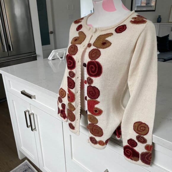 Quipu 100% Baby Alpaca Scoop Nk Knit Cardigan Funky Retro Vibes Cream Multi XS/S - Picture 3 of 12